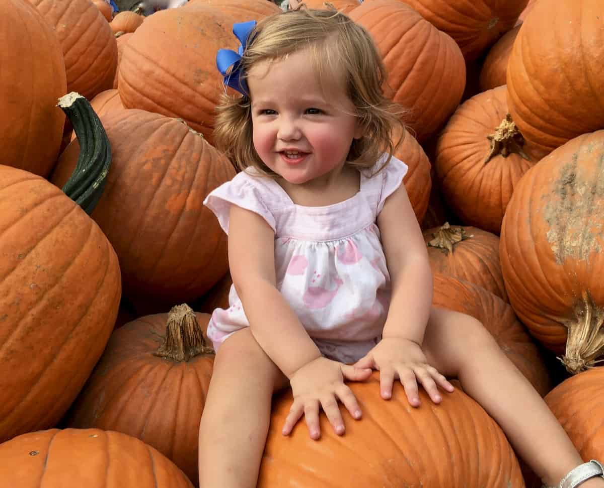 my grand daughter sitting in pile of pumpkins