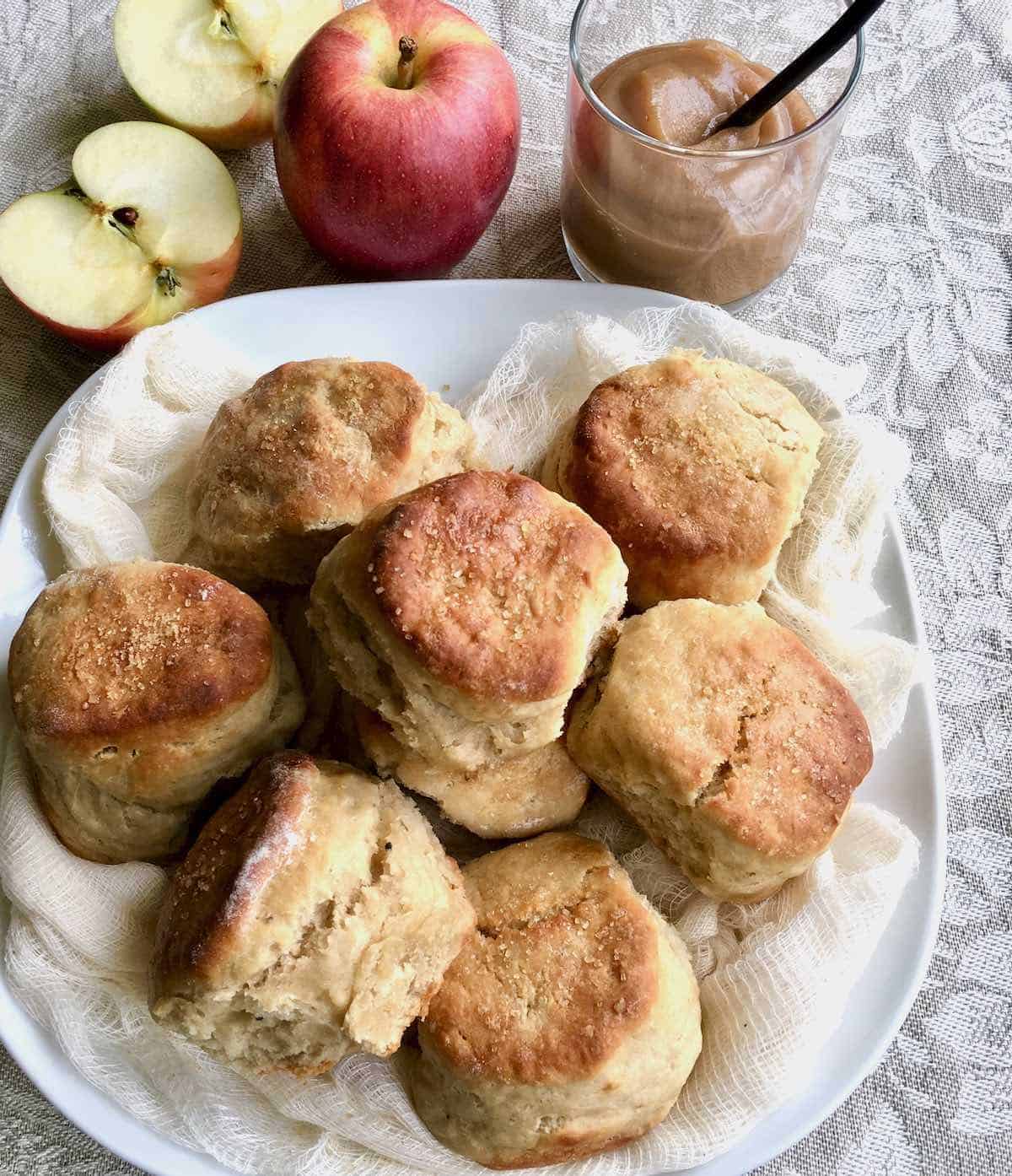 Easy Apple Butter Biscuits plated with apples and apple butter