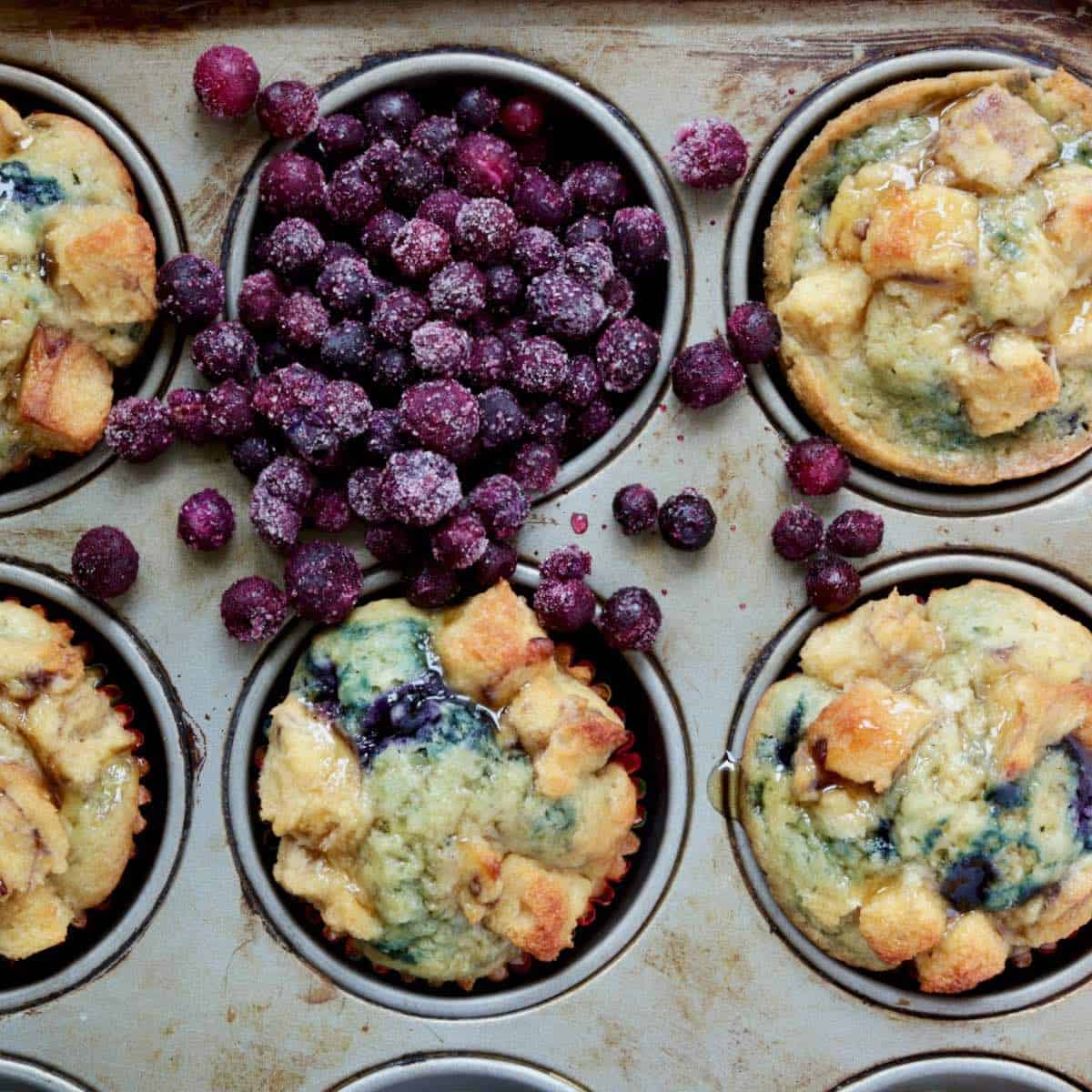 maple blueberry muffins in muffin tin with wild blueberries