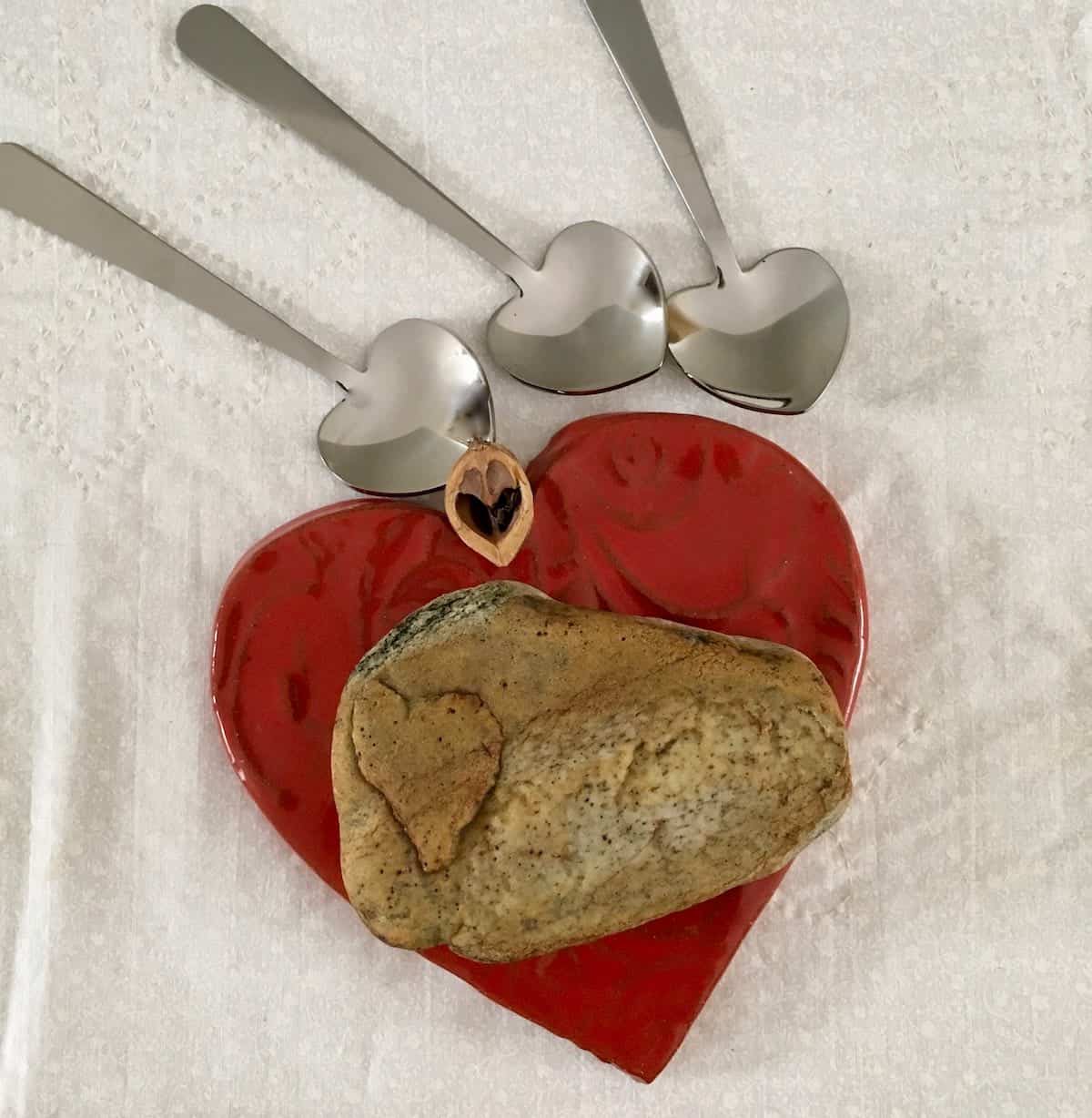 goodness heart shaped spoons, walnut, beach rock and coaster