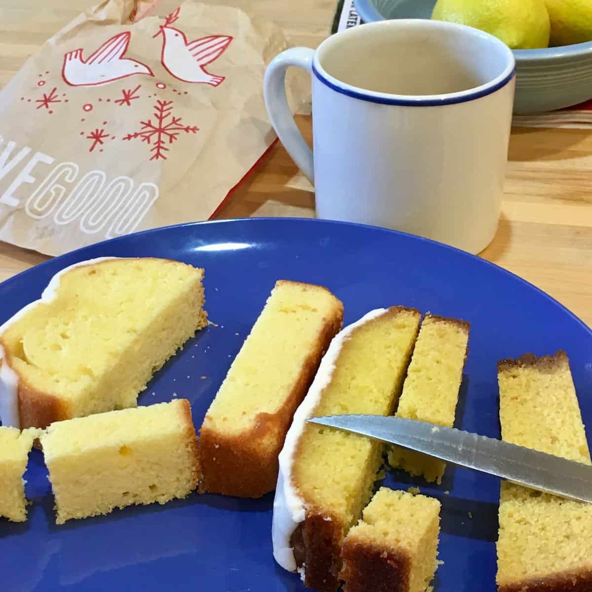 pieces of lemon cake on blue plate 