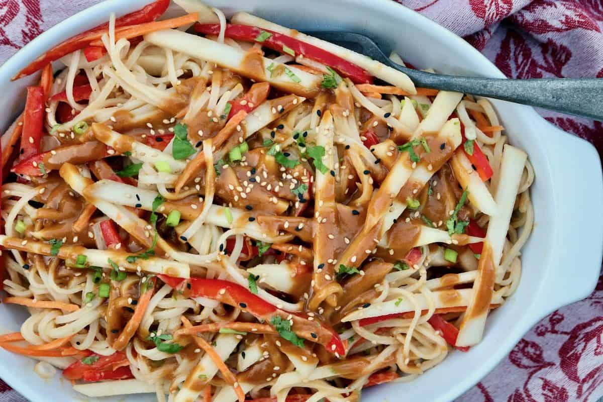 serving dish with pear pad Thai salad