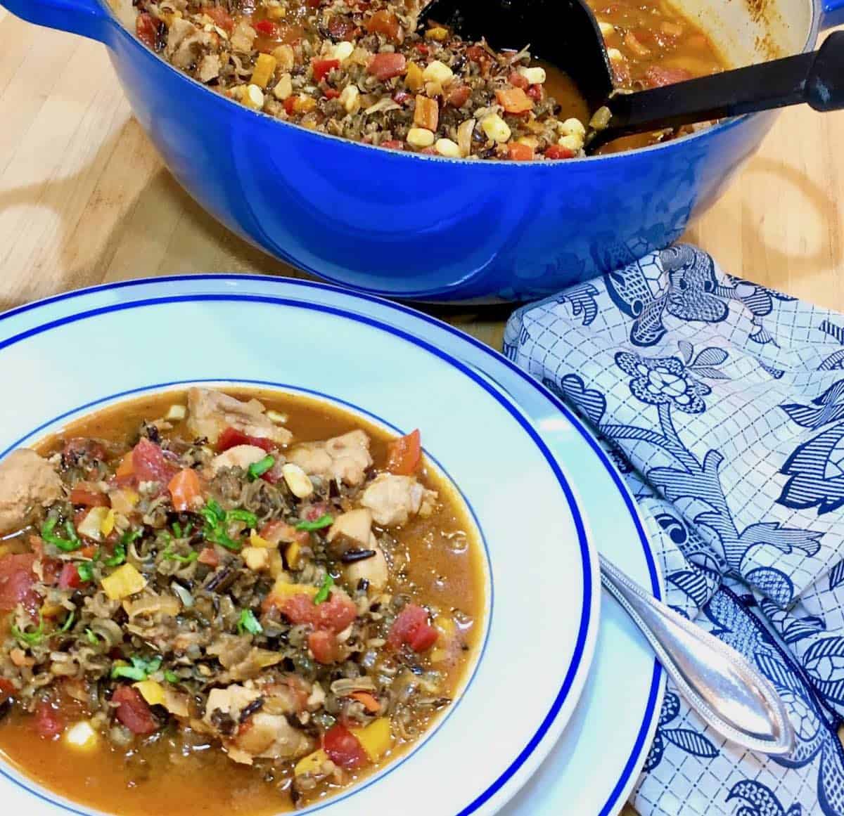 your favorite recipe for 2017 wild rice chicken soup and pot of soup with ladle